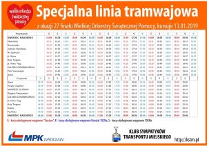 Rozkład tabelaryczny linii specjalnej na 27. finał WOŚP Wrocław